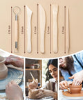27 Piece Clay Tools Kit For Polymer And Air Dry Clay Fans; wooden clay tools with dimensions, pottery crafting in action