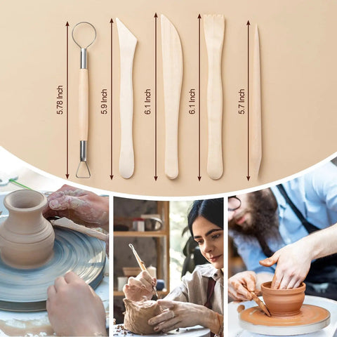 27 Piece Clay Tools Kit For Polymer And Air Dry Clay Fans; wooden clay tools with dimensions, pottery crafting in action