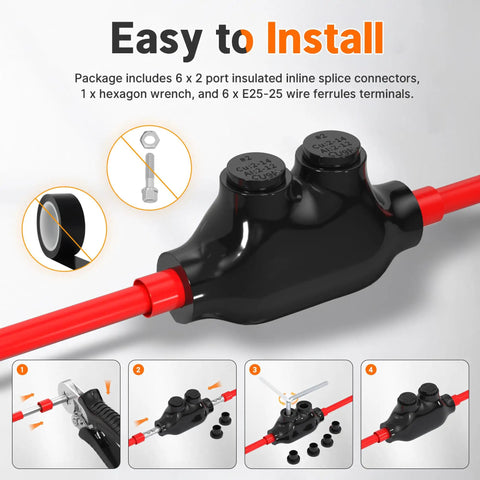 Two Port Inline Splice Connector Kit For Two To Fourteen AWG Aluminum To Copper Wire, Insulated Inline Splice Connectors, Heavy Duty Wire Splices For Car Boat RV Wiring, Includes Five Thirty-Second Inch Slotted Allen Hex, Six Pack installed on red wire