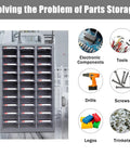 Bolt And Nut Storage Cabinet For Garage With 100 Plastic Small Drawers in steel with labeled clear view drawers, factory setting.
