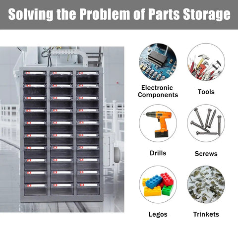 Bolt And Nut Storage Cabinet For Garage With 100 Plastic Small Drawers in steel with labeled clear view drawers, factory setting.