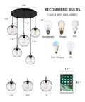 Diagram of Hand Blown Glass Pendant Lights Over Kitchen Island With Seeded Bubbles Globe Lamp showing dimensions and bulb types.