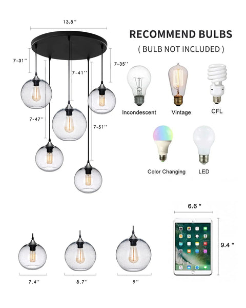 Diagram of Hand Blown Glass Pendant Lights Over Kitchen Island With Seeded Bubbles Globe Lamp showing dimensions and bulb types.