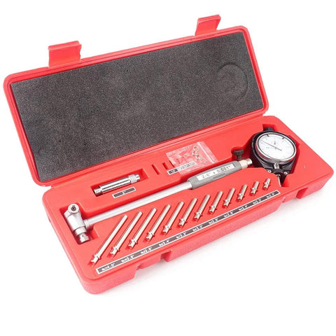 Oudtinx dial bore gauge set in red case with measuring rods and dial indicator for 2.0–6.0 in cylinder diameters
