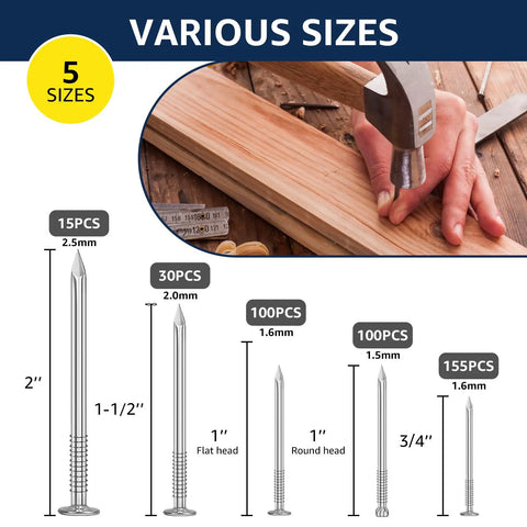400 Piece Picture Hanging Nails Set With Five Sizes Up To 2 Inches, images of nails and sizes shown with hammering demonstration