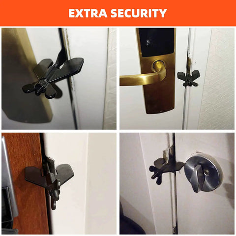 Portable Door Lock Security Device 3 In 1 Privacy Lock installed on various door types for home hotel apartment and travel.