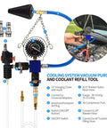 Heavy Duty 31 Piece Coolant Pressure Tester Kit With 23 Radiator Adapters And Blue Pump Gauge Vacuum Refill Tool with hoses and gauge.