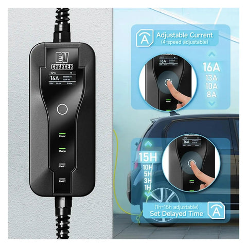Plug And Play Portable Ev Charger Type 1 Sae J1772 16a Evse Charging Cable Wallbox showing adjustable current settings.