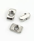 Three nickel-plated T-slot nuts from 160 Piece Hammer Head T Slot Nut Kit For Aluminum Profiles M3 M4 M5 Drop In Nuts Built Tough