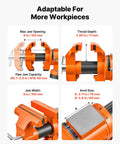 Heavy Duty Bench Vise In Beast Mode With 6 Inch Jaw Width, showing jaw opening, throat depth, pipe capacity, and anvil size.