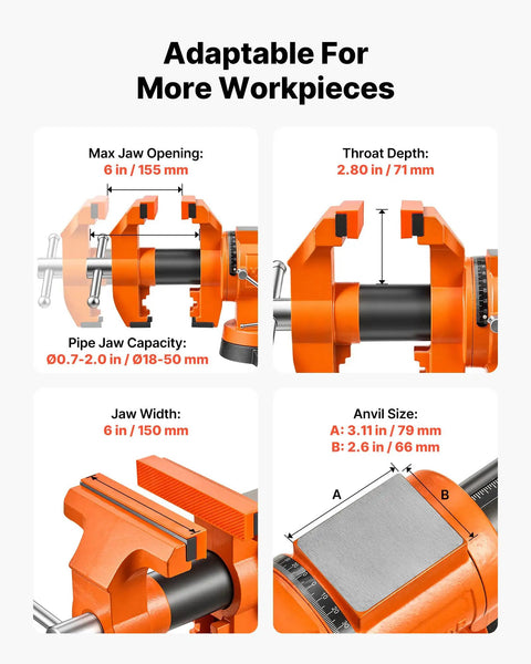 Heavy Duty Bench Vise In Beast Mode With 6 Inch Jaw Width, showing jaw opening, throat depth, pipe capacity, and anvil size.