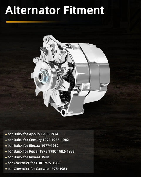 Chrome Finish 120 Amp Street Rod Alternator For 1 Wire Self Exciting GM 305 350 BBC SBC Engines Replaces 2402033DC ADR0335C OE Replacement Direct Fit For Classic GM Cars shown against a dark background with fitment list.