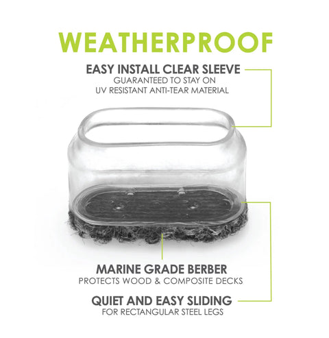 Hella Durable Marine Grade Berber Furniture Slider Socks With Uv Shielded Clear Sheath For Medium Rectangular Legs 8 Pack close-up of clear sleeve design.