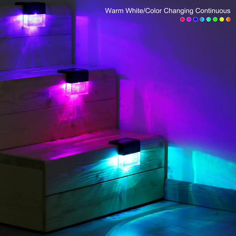 Solar Deck Lights 3000K Warm White Color Changing Outdoor Fence Lights on wooden steps, emitting colorful glow, 6 Pack shown