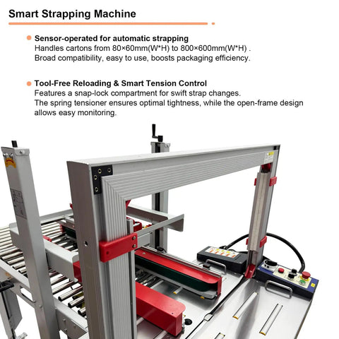 Top Shelf Automatic Carton Sealer And Tape Strapping Machine Secures Shipping Cases With Ease Hassle Free Sizing Smooth Running Industrial 110V Power Packing Workhorse with red and silver frame.