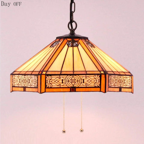 Yellow Hexagon Stained Glass Tiffany Style Pendant Light Fixture With Mission Design Hanging Lamp, bronze chain visible
