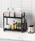 Coffee Station Organizer For Counter With Two Tier Wood Shelves And Three Compartment Pod Storage For Coffee Pods Sugar