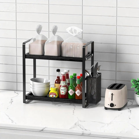 Coffee Station Organizer For Counter With Two Tier Wood Shelves And Three Compartment Pod Storage For Coffee Pods Sugar
