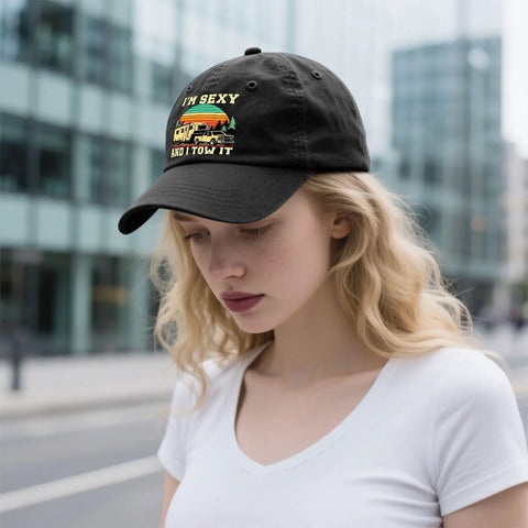 Funny Camping Hat For Men Road Trip Ready Cap With RV And Tow It Vibe worn by model