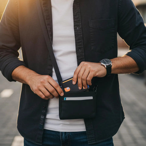 Man placing Ultra Slim Front Pocket RFID Blocking Leather Wallet For Men And Women In Carbon Fiber Black into crossbody bag.