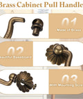 Four Brass Drawer Pulls And Knobs Set With Double Mounting Holes In Vintage Flower Ring Design shown with screws and baseboard