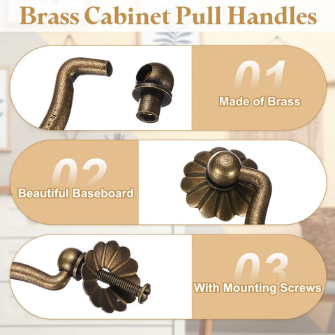 Four Brass Drawer Pulls And Knobs Set With Double Mounting Holes In Vintage Flower Ring Design shown with screws and baseboard