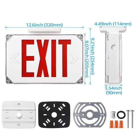 Dimensions and parts of Red LED Exit Sign With Battery Backup For Wet Spots, UL Listed Outdoor Hardwired Emergency Lighting.