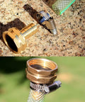 Solid Brass Garden Hose Repair Kit With Stainless Steel Clamps, Male Adapter, Female Swivel Fitting, 5/8 Barb X 3/4 Female, Includes Rubber Gasket And PTFE Seal Tape, Two Sets shown on hose end