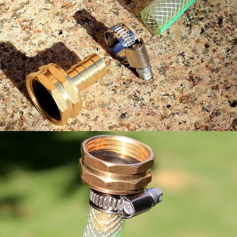 Solid Brass Garden Hose Repair Kit With Stainless Steel Clamps, Male Adapter, Female Swivel Fitting, 5/8 Barb X 3/4 Female, Includes Rubber Gasket And PTFE Seal Tape, Two Sets shown on hose end