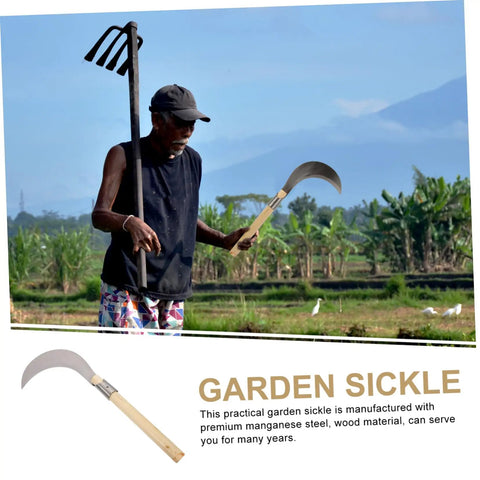 Person holding Manganese Steel Long Handle Weeding Sickle for Grass Vines and Branches, showcasing durable design and wooden handle.