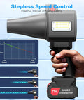 Cordless Brushless Leaf Blower With LED Work Light handheld, showing stepless speed control and battery indicator.