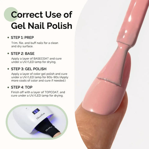 Step-by-step gel nail polish application with HEMA Free Gel Nail Polish 0.5 Fl Oz Thick Beige Pink Soak Off UV Nail Polish Non Toxic