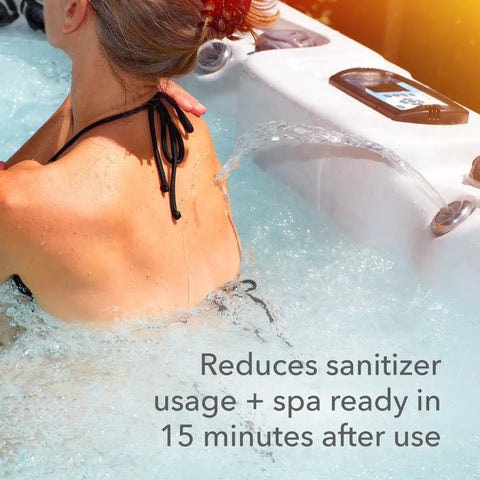 Person relaxing in a hot tub showing the effect of Simple Spa Care Enzyme For Hot Tub Oils And Oils Removal, reducing sanitizer use.