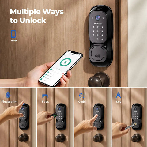 Video Smart Lock With Camera And Three In One Smart Deadbolt For Front Doors, shown with multiple unlocking methods on a wooden door.