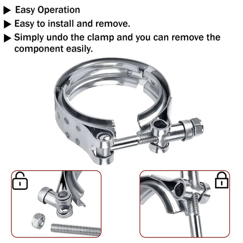 Heavy Duty 2.5 Inch Steel V Band Flange Clamp Kit showing easy assembly and removal features for exhaust systems