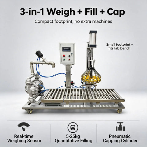 Heavy Duty Semi Automatic Paint Filler And Bucket Capper With Precision Digital Scale, 5-25 Kg capacity, stainless steel, compact design.