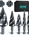 Five Piece Four Spiral Flute Step Drill Bit Set 1/8 To 1-3/8 Inch High Speed Steel Unibit With 1/4 Inch And 3/8 Inch Hex Shanks