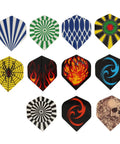 Durable PET Flights for Darts 77 Piece Variety Pack showing colorful designs of replacement feather tail wings.
