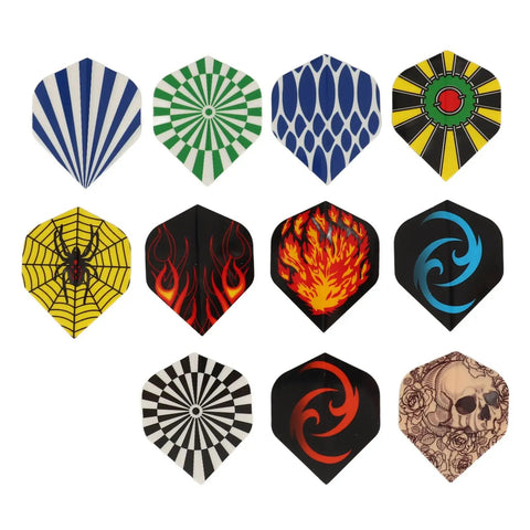 Durable PET Flights for Darts 77 Piece Variety Pack showing colorful designs of replacement feather tail wings.