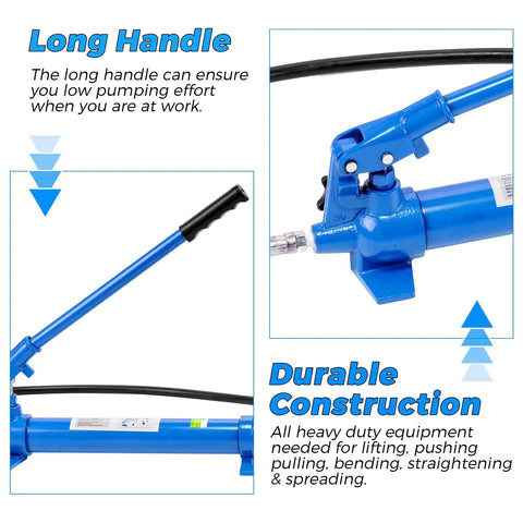 Heavy Duty 12 Ton Hydraulic Porta Power Pump With 4.6 Foot Hose And Steel Storage Case, long handle detail for low pumping effort.