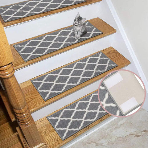 Cat near gray stair treads attached with stick on 2x4 inch hook and loop tape set 12 sets no holes or screws sticky back fastener