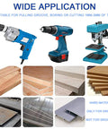 Electric drills and various materials demonstrating Eight Pack Titanium Coated High Speed Steel Twist Drill Bits Three To Ten Millimeter Size Serrated Grooving Bits That Drill Wood Plastic Aluminum And Thin Metal Super Fast With Less Effort And Heat Thanks To Sharp Edges And Spiral Design.