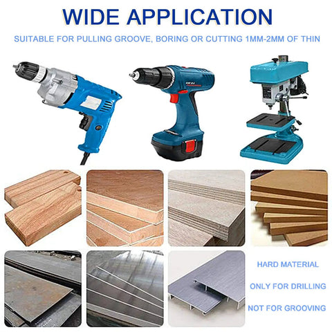 Electric drills and various materials demonstrating Eight Pack Titanium Coated High Speed Steel Twist Drill Bits Three To Ten Millimeter Size Serrated Grooving Bits That Drill Wood Plastic Aluminum And Thin Metal Super Fast With Less Effort And Heat Thanks To Sharp Edges And Spiral Design.