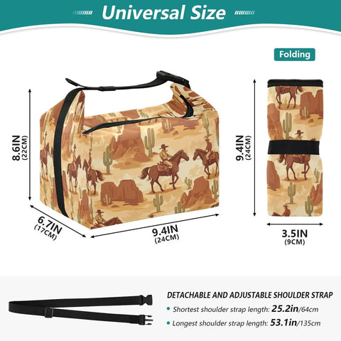 Desert Cowboy Lunch Bag With Insulation Rides A Horse Across The Sand Lunch Tote, shown with dimensions and folded view.