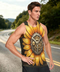 Men Sleeveless Muscle Tank Top Featuring Mechanical Sunflower Gear Design worn by a man outdoors on a road.