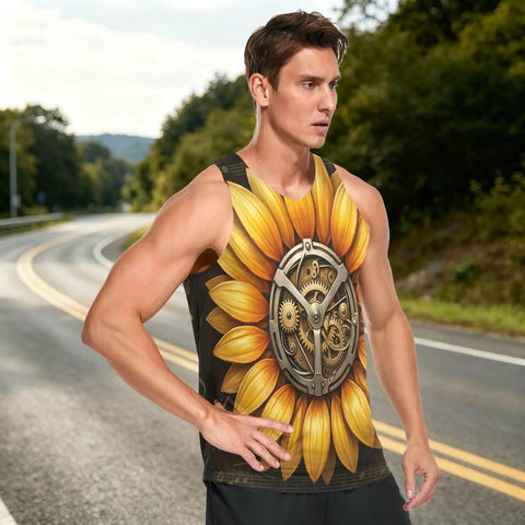 Men Sleeveless Muscle Tank Top Featuring Mechanical Sunflower Gear Design worn by a man outdoors on a road.