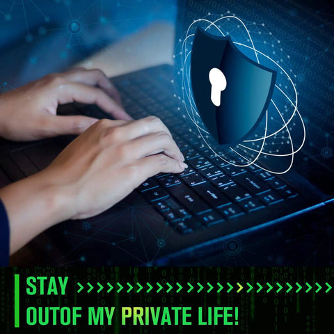 Person typing on a laptop with a digital shield overlay, representing privacy guard, Ultra Thin Laptop Camera Cover Slide With 8 Pack Webcam Blocker Attachment For Macbook And Desktop Computers.
