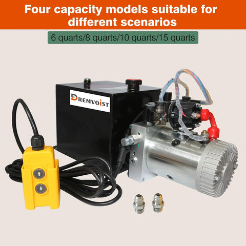 Six Quart Electric Hydraulic Pump Power Unit For Dump Trailers 12V DC Double Acting Hydraulic Pump With Metal Oil Reservoir High Flow