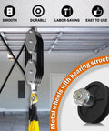 Upgraded Rope Hoist Pulley System 4400 Lbs Block And Tackle Kit with 304 Stainless Steel Shackle and two lift slings shown in garage