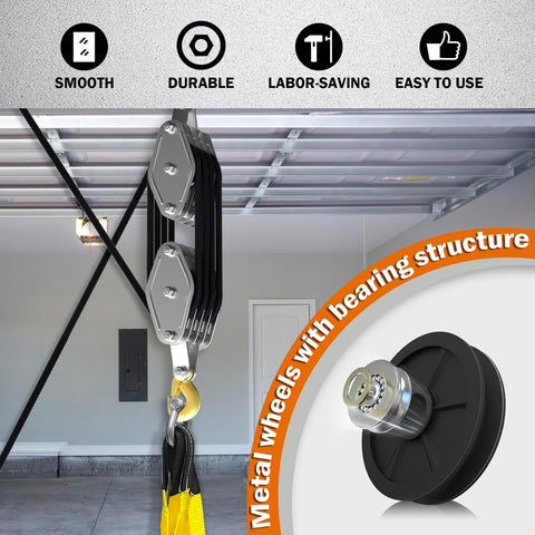 Upgraded Rope Hoist Pulley System 4400 Lbs Block And Tackle Kit with 304 Stainless Steel Shackle and two lift slings shown in garage